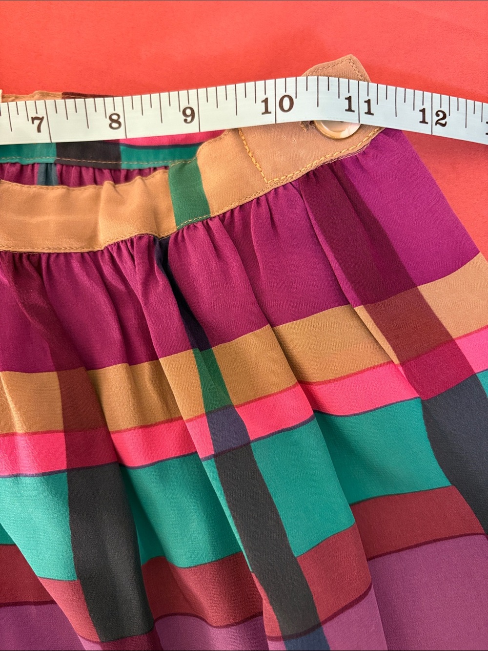 Vintage Argenti - 100% Silk Turquoise Purple Pink SandPlaid Midi Skirt w/Pockets - Picture 7 of 8